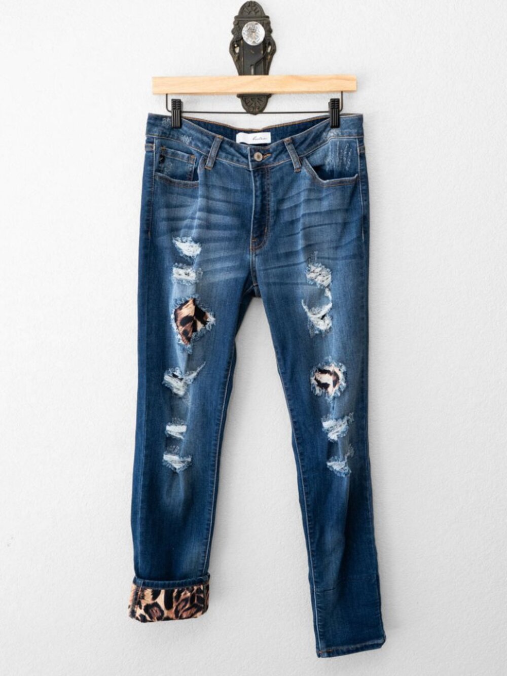 Kancan Jeans Womens 11/29 Distressed Skinny Leopard Patch Cuff Stretch Y2K